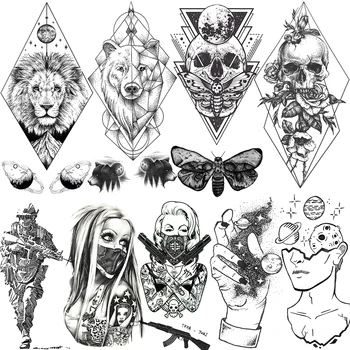 

Diamond Lion Temporary Tattoos For Men Gangster Geometric Tatoos Death Skull Minimalist Planet Moth Star Warrior Fake Tattoo