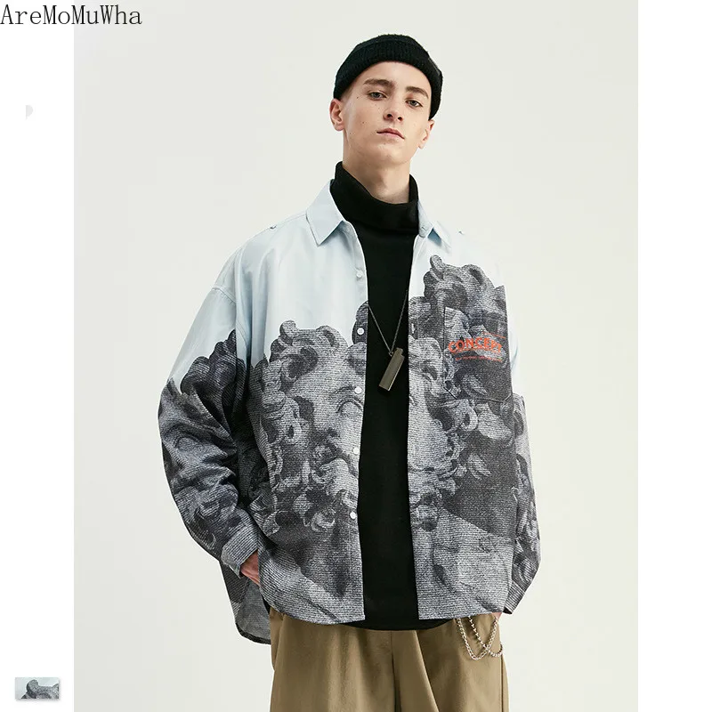 

AreMoMuWha Autumn New Personality Full Version Printed Off Shoulder Lanterns Sleeves Street Loose Men's Shirt Streetwear QX1194