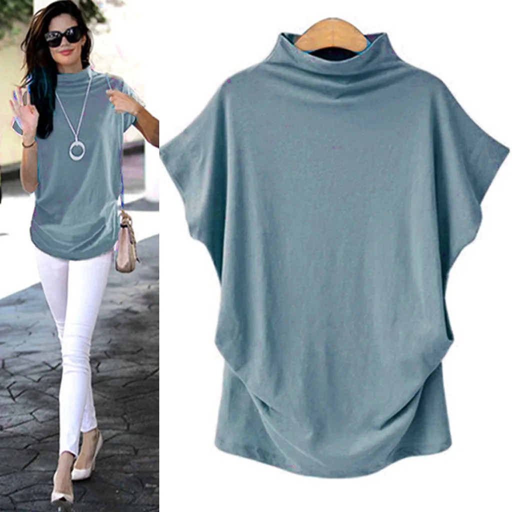 Casual Turtleneck T-shirt Women Fashion Summer Short-sleeved Solid Color Beach Sports Funny Tshirt Plus Size Gym Fitness Tee Top | Спорт и
