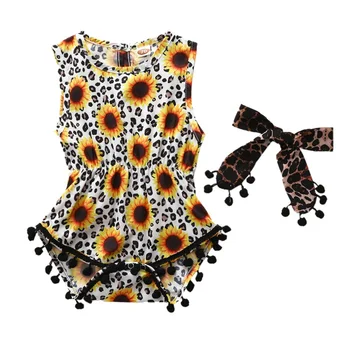 

2020 Toddler Kids Baby Girl Sunflower Print Jumpsuit Clothes Leopard Print Sleeveless Rompers Bow Hair Band 2Pcs Kit