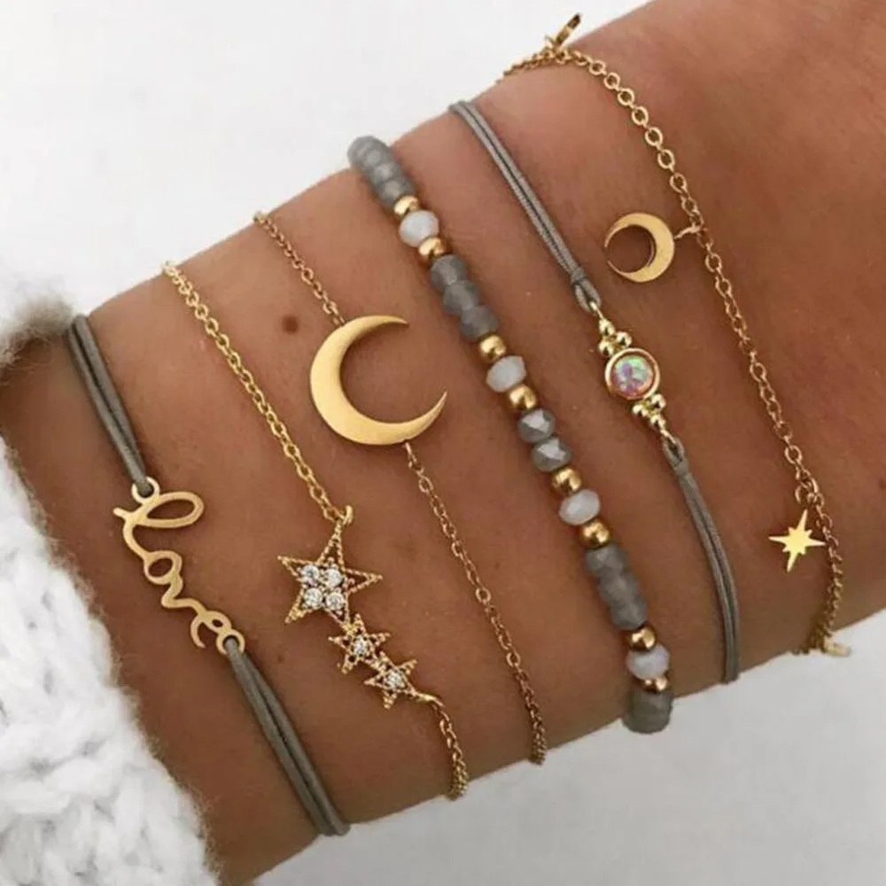 Bohemia 6pcs/sets Moon Bracelets for WomenBead Gold Star Clear Crystal Stone Love Letter Rope Jewelry Accessories |