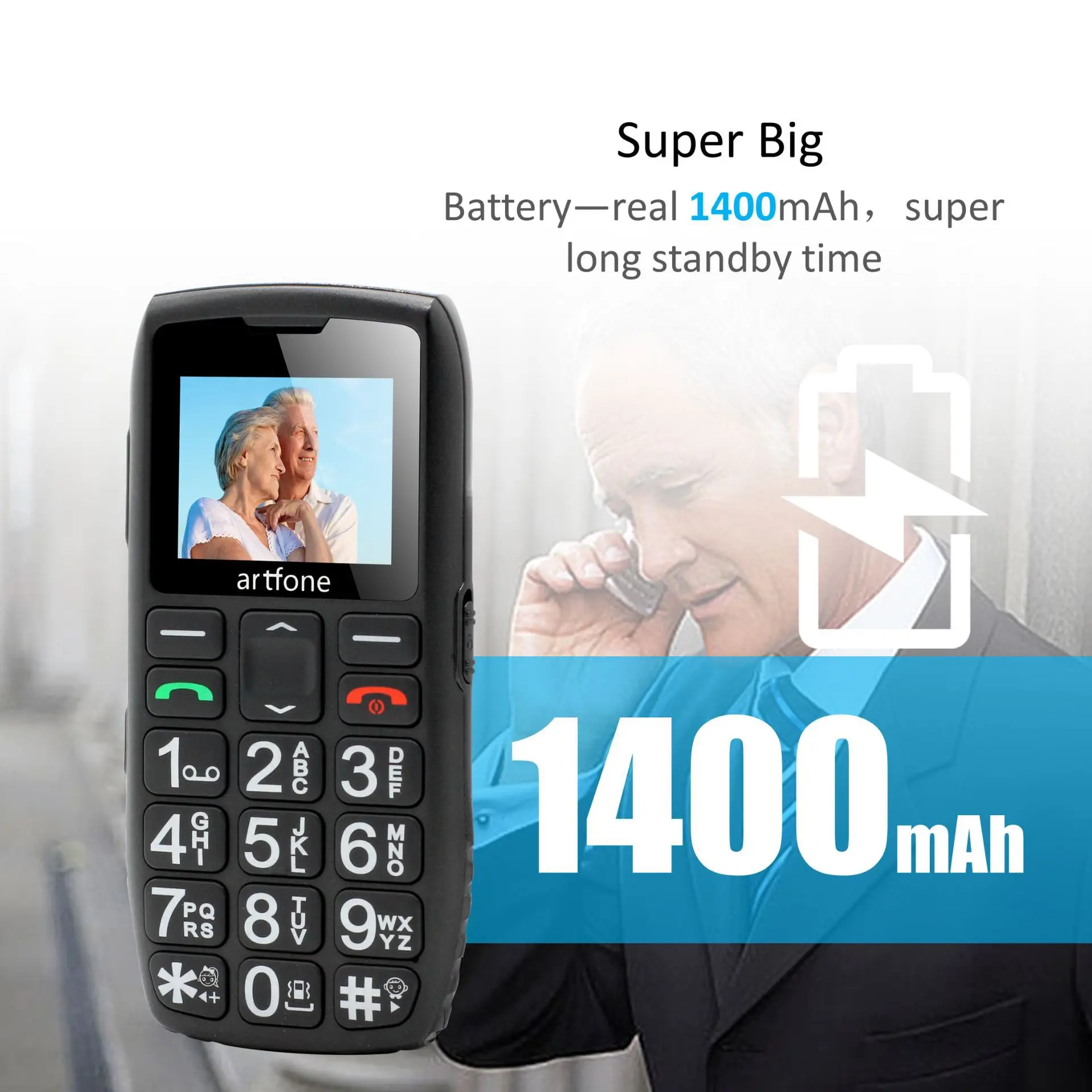 Artfone C1+ Bar Senior Mobile Phone With Free Charging Dock Big Rubber Keypad  For Elderly Dual Sim One Key SOS FM 1400mAh Cell 4