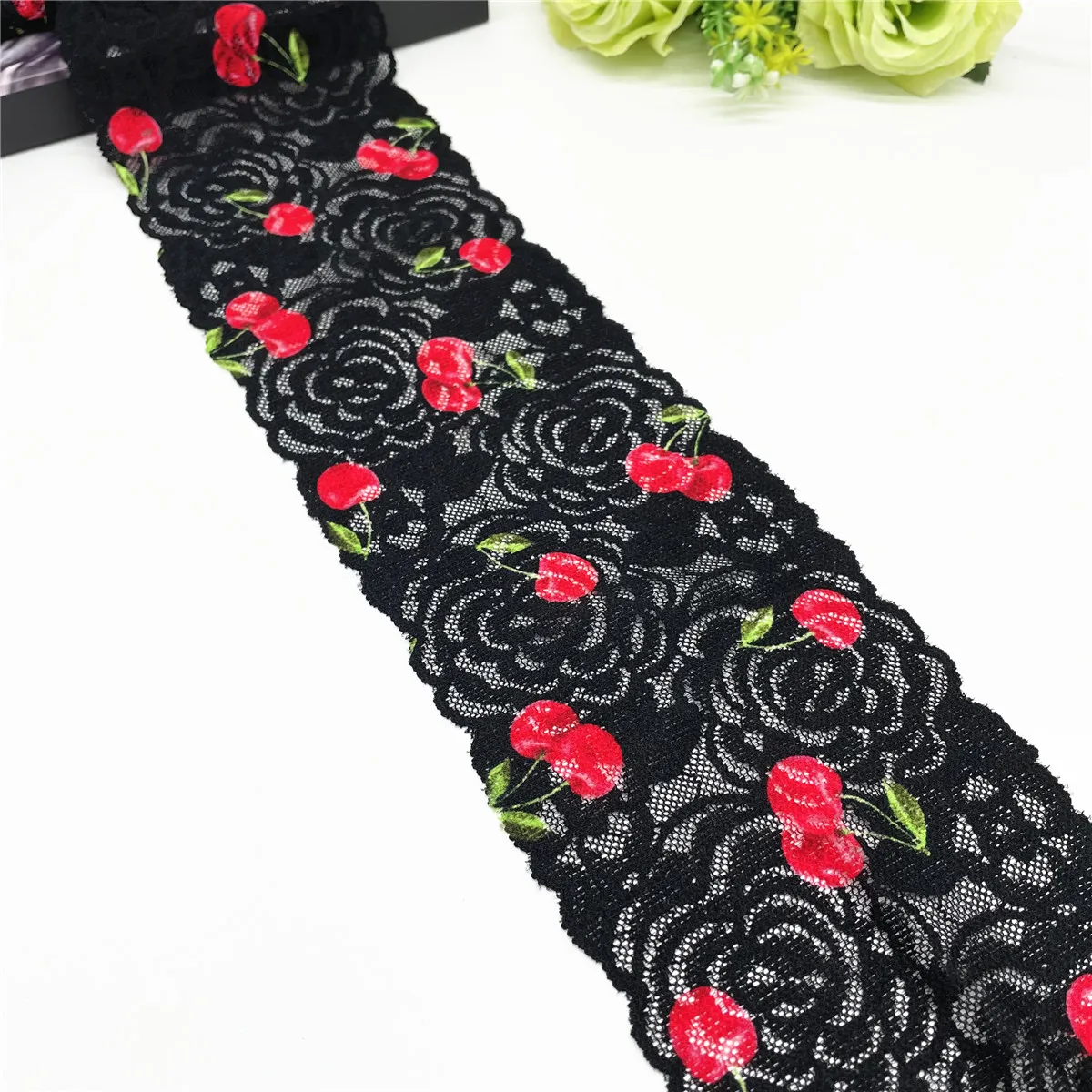 5y/lot Width 11cm Cherry Black Narrow Stretch Elastic Lace Trim 1