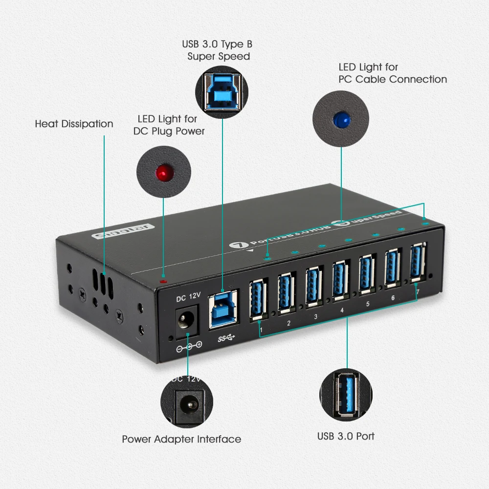 Зарядный концентратор Sipolar алюминиевый с 7 портами USB 3 0 12 В адаптер со