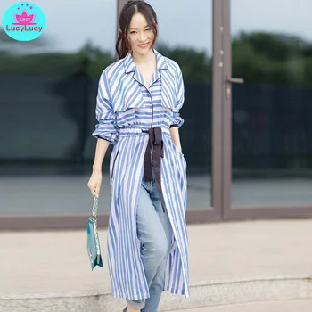

2019 spring and summer new blue and white striped waist thin windbreaker jacket Adjustable Waist Regular Nine Quarter