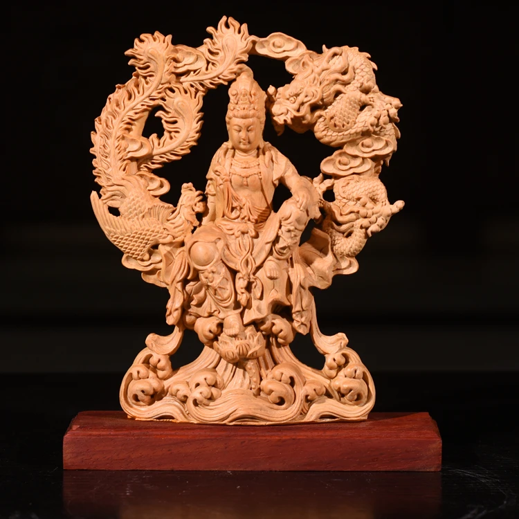 

20CM Dragon Phoenix Goddess of Mercy Guanyin buddha statue Wood Double Sided Hollow handmade Home decor Gift boat decoration