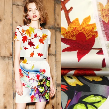

118*110CM 19MM 93% Silk & 7% Spandex Red Leaves Print Stretch Silk Satin Fabric for Dress Shirt Cheongsam D1100