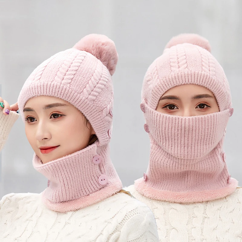 K251 Winter Hat Women's hat One-Piece Warm Hat Knitted Bib Bubble Hat Thick Wool Hat Cold Hat Hat With Earmuffs Baotou Cap 3