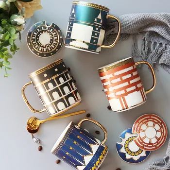 

British European Small Luxury Ceramic Couple Mug Water Cup Afternoon Tea Light Luxury Cup Coffee Cup Lid Spoon