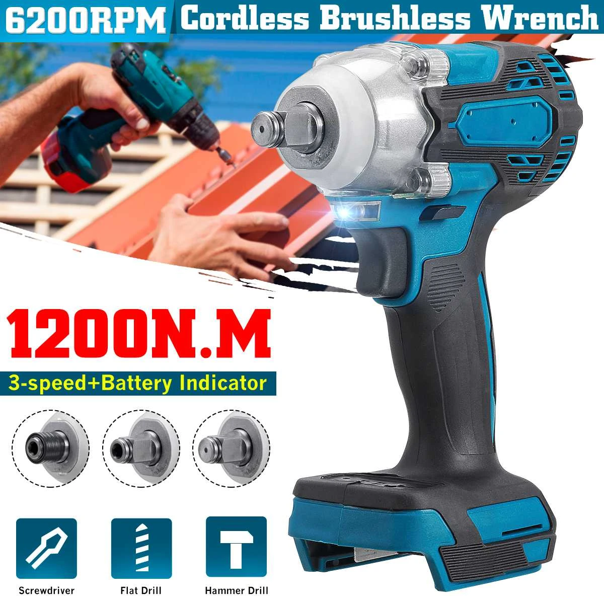 18V Electric Brushless Impact Wrench Cordless 1/2 Socket Wrench Power Tool For Makita Battery Rechargeable 