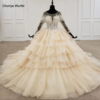 

HTL1286 Luxury Wedding Dress O Neck Long Sleeves Tiered Flower Ball Gown Wedding Dress Lace Up Illusion Glitter ชุดเจ้าสาว