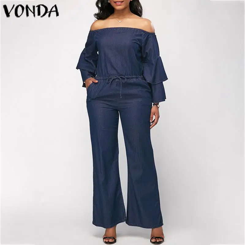 VONDA/Элегантные Комбинезоны с открытыми плечами, без бретелек, джинсовые широкие комбинезоны с оборками и длинными рукавами, штаны для беременных, Femme Pantalon