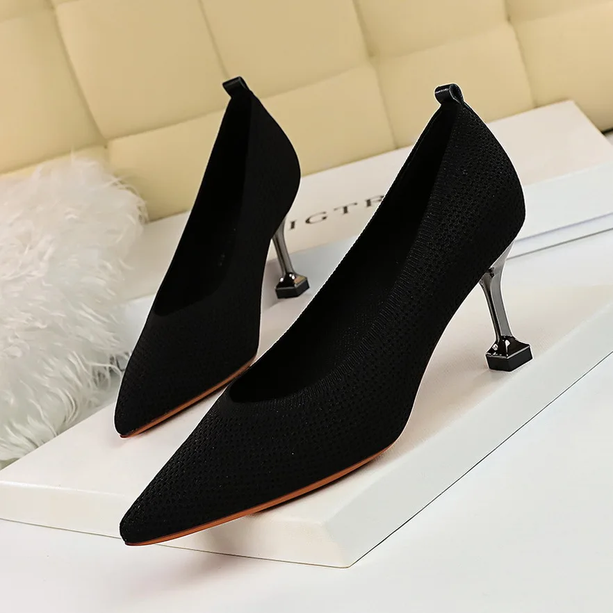 Fashion simple high-heeled woven shallow mouth, pointed toe trend, all-match women's shoes, high-heeled shoes, single shoes
