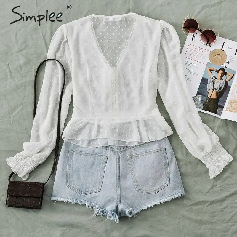 Ceny Simplee zasznurować dekolt w serek kobiet bluzka koszula Dot druku kobiet szyfonowa biała bluzka koszula Puff rękaw damskie potargane peplum topy