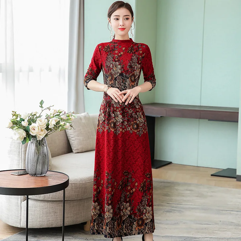 

2018 Autumn And Winter New Style Elegant plus Velvet Dress Long Waist Hugging Slimming Big Hemline Printed Long Sleeve Long Skir