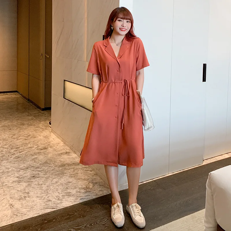 

High Waist Summer Dress Oversized Women Party Dress Turn Down Collar Single Breasted Casual Dress for Women T9641