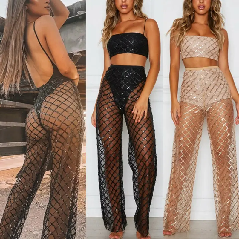 Women Crochet Wide Leg Pants Lace See Through Party Club Perspective Long Swimwear Beach Bikini Cover Up Trousers | Женская одежда