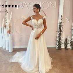 Sumnus Princess Wedding Dresses Boho Scoop Appliques Lace Cap Sleeves A Line Wedding Bridal Gown suknia slubna