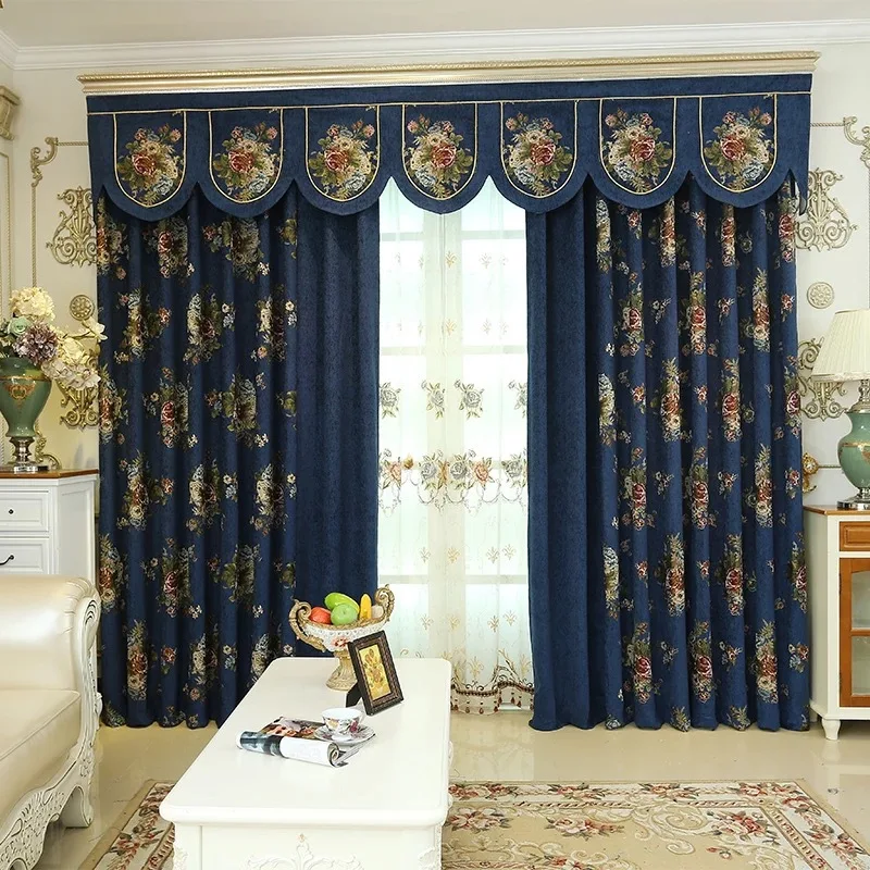

European Curtains Relief Chenille Jacquard Curtains for Living Dining Room Bedroom French Window Luxury Valance Curtains