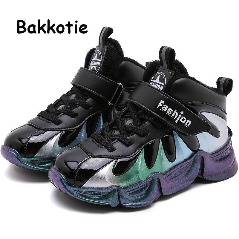 Bakkotie/Новинка года; модные высокие кроссовки для мальчиков; зимняя детская спортивная обувь для Баскетбольная обувь для девочек; детская теплая Повседневная обувь с мягким мехом