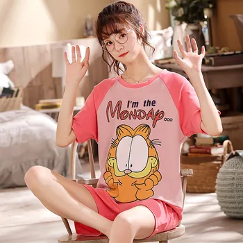 

New Cute Pajimas for women Pink Cartoon print sleepwear pajama set summer Short sleeve nightgown ladies Plus size nightwear