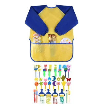 

26 Pcs Kids Drawing Tools: 25 Pcs Sponge Painting Brushes & 1 Pcs Waterproof Play Apron Art Smock with 3 Roomy Pockets