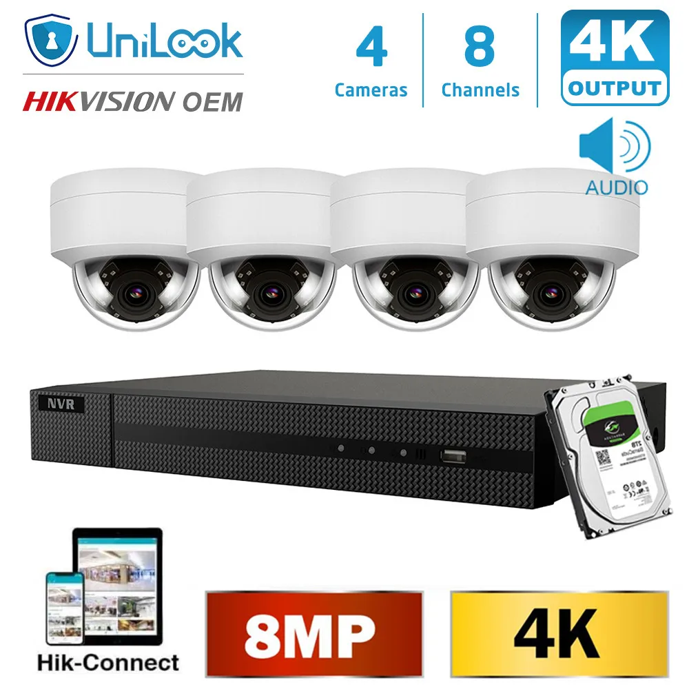 

UniLook H.265 8CH 8MP H.265+ 4K POE NVR Kit CCTV System IR Outdoor Audio Video 4K Security Systems 2.8mm Wide angle HIK Connect