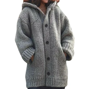 

New Winter Women Hooded Knitted Cardigan Button Outwear Ladies Solid Color Slim Up Long Sleeve Autumn Fashion Coats Ropa Mujer