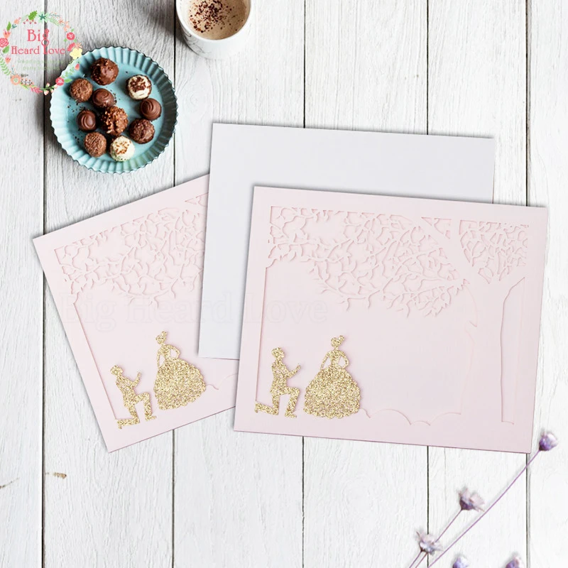 

50sets Lovely Tree And Bride Pink Laser Cut Luxury Wedding Invitation Card Greeting Card 3D Card Wedding Event & Party Supplies