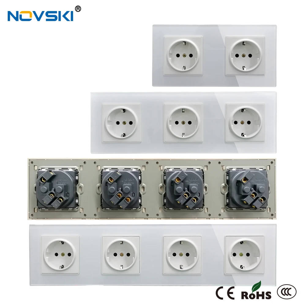 EU German Schuko Wall Crystal Glass Panel Power Socket Triple Plug Grounded, 16A Quadruple Electrical Socket, 15 Years Warranty