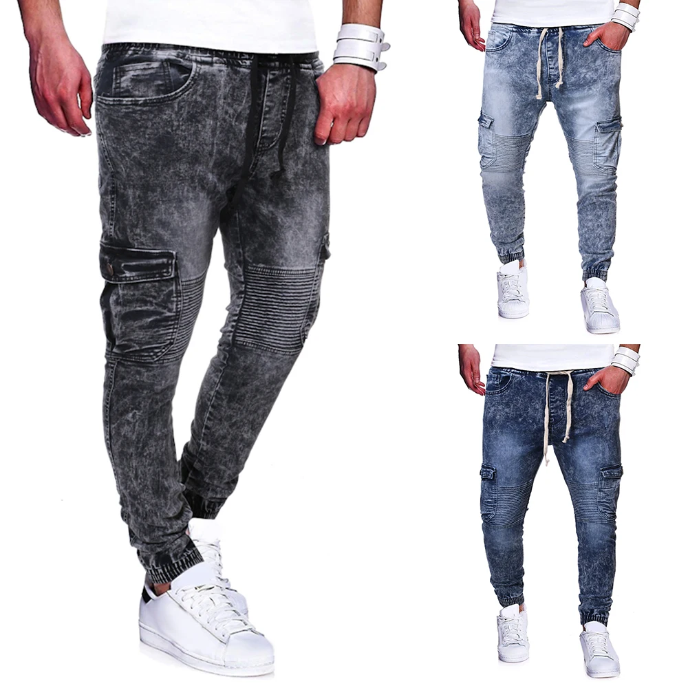 

Summer Men Casual Denim Trousers Fashion Slim Pleat Pocket Elasticised waist Pencil Pants Drawstring Jeans Daily Denim Trousers