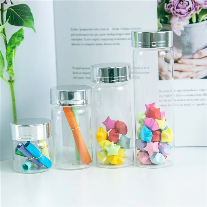 20ml 50ml 65ml 90ml Glass Storage Bottles with Silver Screw Cover Empty Sweets Vanilla Pill Food Perfume 6pcs