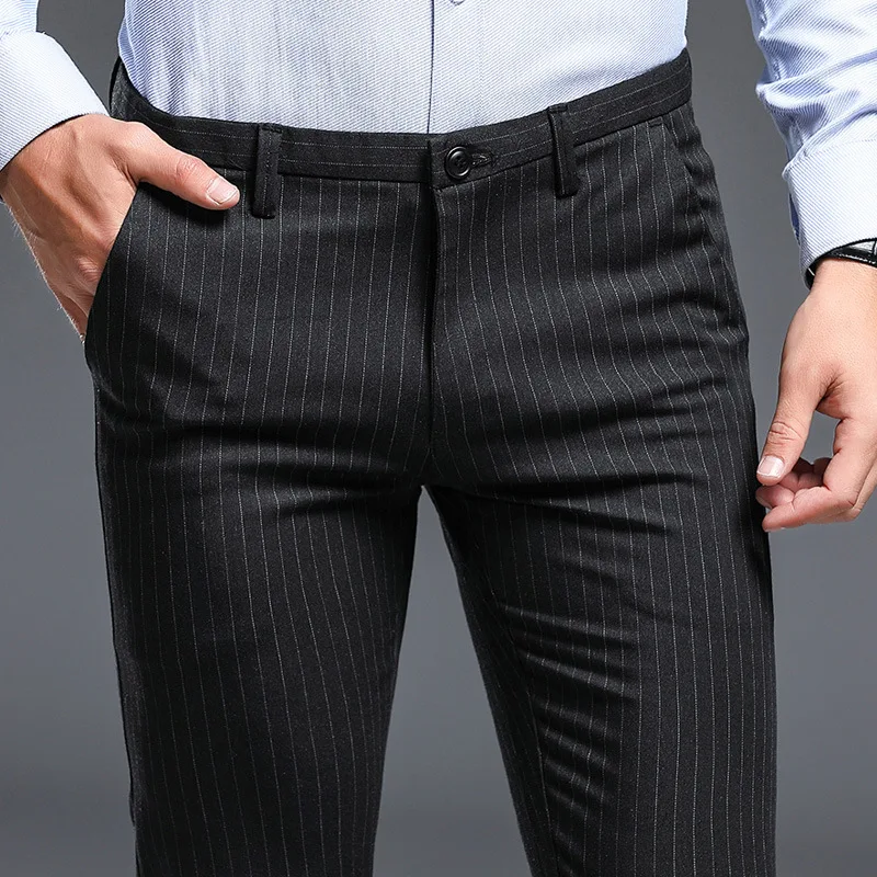 

ICPANS Summer Dress Trousers Office Striped Thin Slim Fit Stretch Mens Bussiness Pants Black Gray 2020