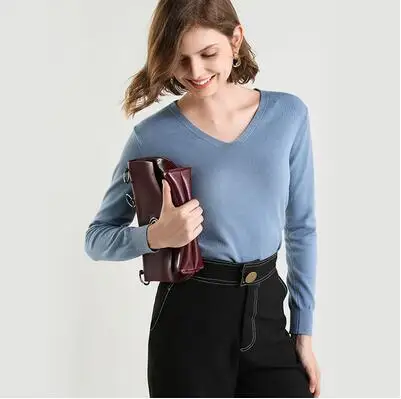 V Neck Blue Женский стрейчевый джемпер GCAROL, вязаный свитер с круглым и V-образным вырезом, трикотажный пуловер в стиле минимализма с содержанием шерсти 30%, свитер для офиса размера 3XL - Цвет: V Neck Blue
