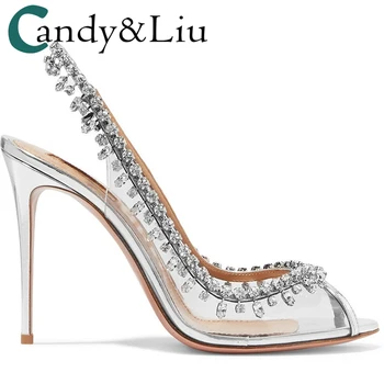 

Silver Color Elegant High Heels Rhinestone Chain Thin Heeled Fish Mouth Back High-Heeled Sandals Transparent Sexy Film Sandals