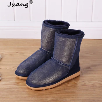 

JXANG 2020 new Winter Snow Boots for Women genuine Cowhide Suede Leather Mid-calf Slip on Shearling Wool Boots Rubber Sole Brown