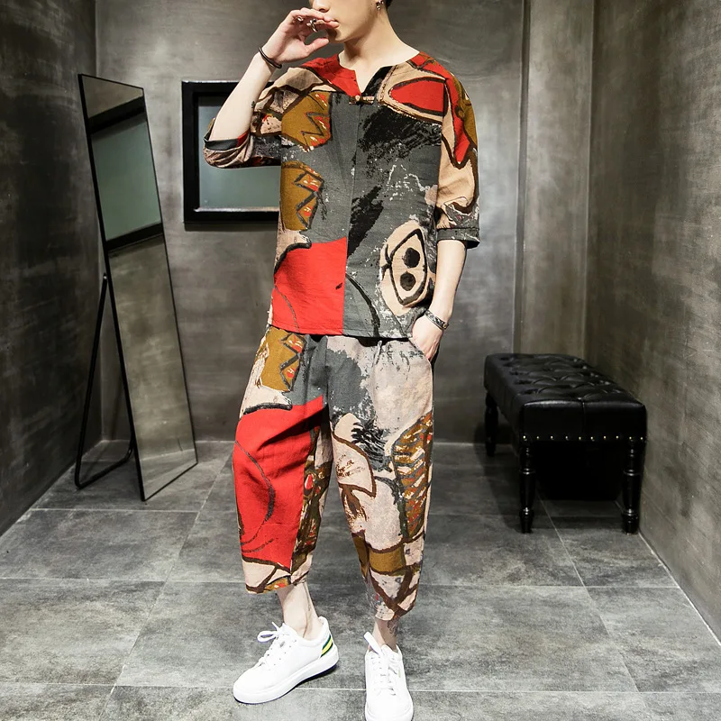 

2019 Spring And Summer-Indoor Wind Capri Pants hua ya ma Set Three-quarter-length Sleeve Frog Chinese-style Men's Leisure Suit