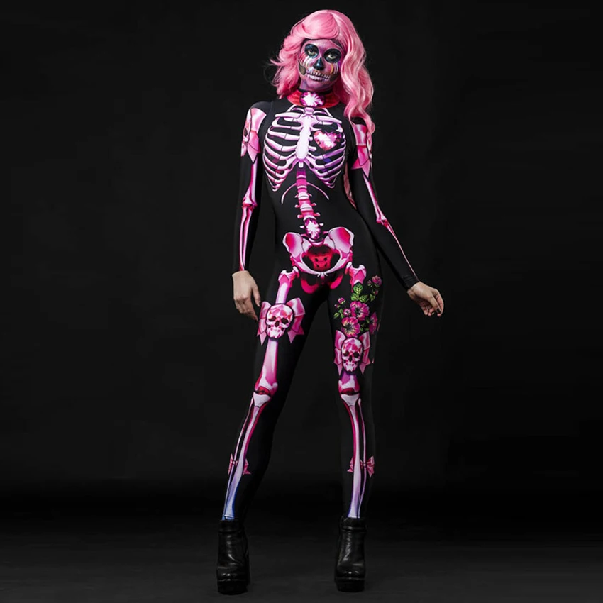 Halloween Scary Skeleton Jumpsuit for Adult and Kids Women Ghost Skull Cosplay Costumes for Children Girls Female Sexy Bodysuit