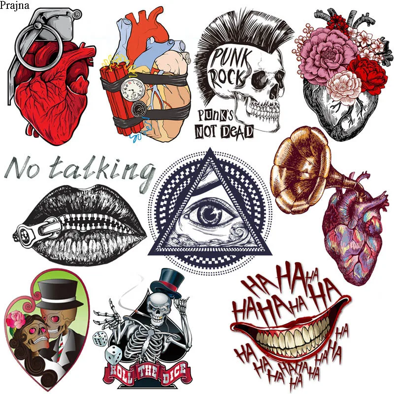 

Prajna Punk Skull Patch Hippie Heart Bomb Iron On Transfers For Clothing Alien Thermal Stickers On Clothes DIY Applique Washable