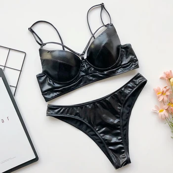 

Sexy hollow out bikini set 2020 Push up swimsuit female PU leather swimwear women Solid bathers bathing suit Micro bikini new