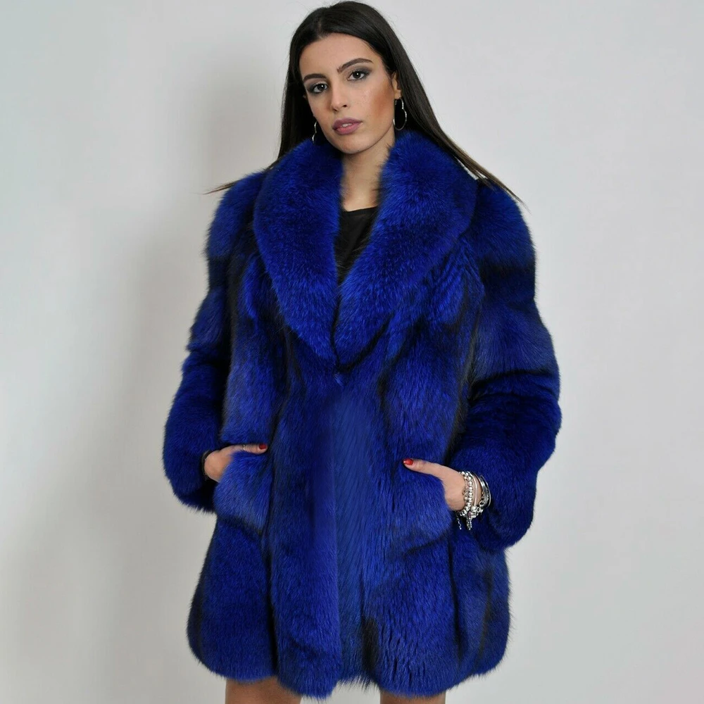 TOPFUR 2019 модное зимнее Свободное пальто с длинными рукавами и воротником с лацканами женская кожаная куртка натуральная синяя лиса