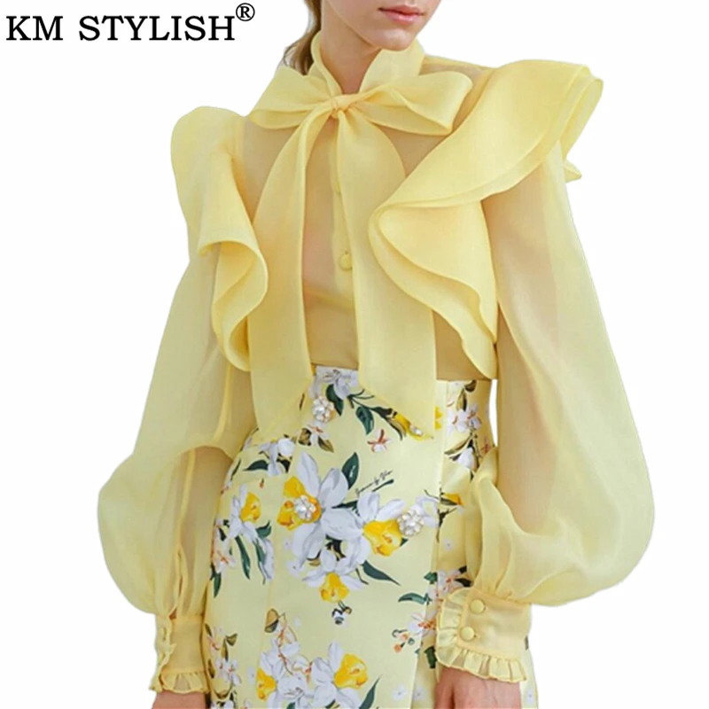 Женская блузка с оборками Длинная желтая из органзы привлекательный сетчатый