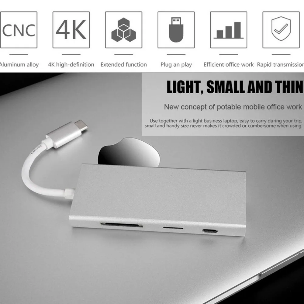 7-в-1 Тип usb-C адаптер Тип с разъемами типа C и конвертер мультимедийного интерфейса высокой четкости надежная цифровая устройство для считывания с tf-карт Многофункциональный USB 3,0 концентратор для MacBook