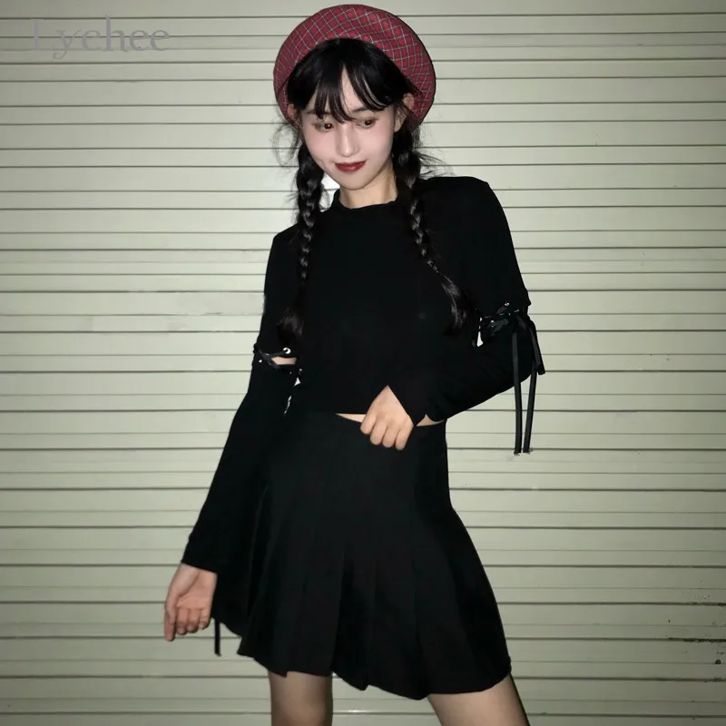 Lychee Harajuku, одноцветная женская укороченная футболка, футболка на шнуровке с круглым вырезом, женские пуловеры, топы, сексуальные тонкие весенние женские футболки, футболки