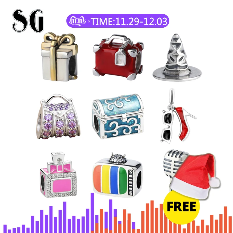 

SG 925 Sterling silver Bead shoes perfume bottle handbag Gift box hat TV mike charms fit pandora bracelet for Women Jewelry