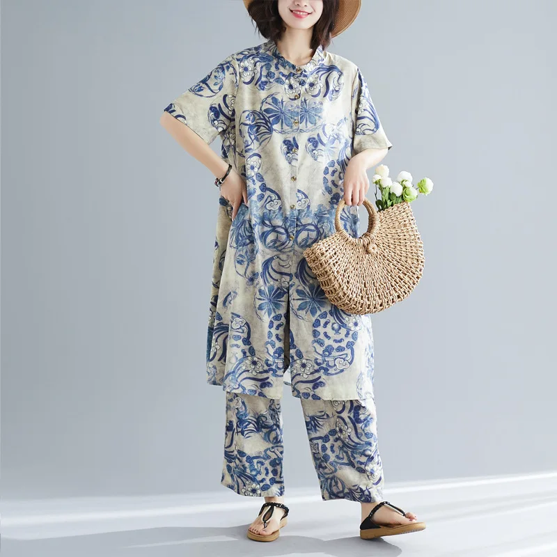 

2019 Summer New Style Chiffon Printed Loose-Fit Tops + Loose Pants Set