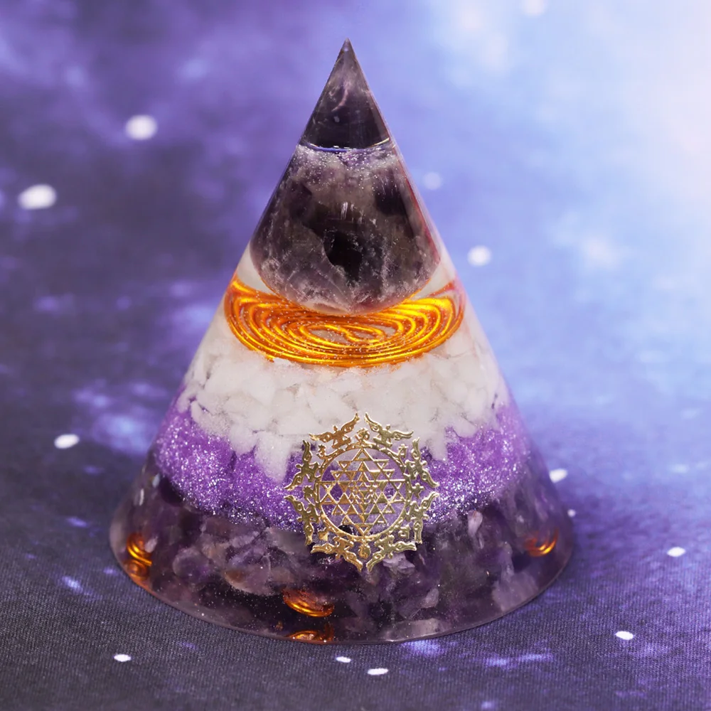 

Natural Amethystine Orgone Pyramid Luminous Energy Generator Pyramid For Emf Protection Mediation Home Office Decor