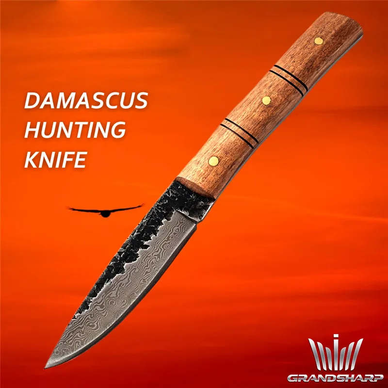 Damascus-Hunting-Knife-Hand-Forged-Outdoor-Equipment-Handmade-Pocket-Knife-Survival-Straight-Knife-Fixed-Blade-Rosewood