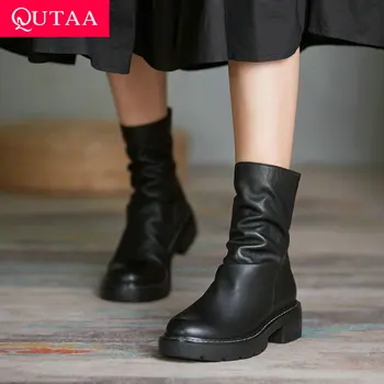 

QUTAA 2021 Soft Cow Leather Sewing Ankle Boots Autumn Winter Square Heel Short Boots Round Toe Concise Women Shoes Size 34-39