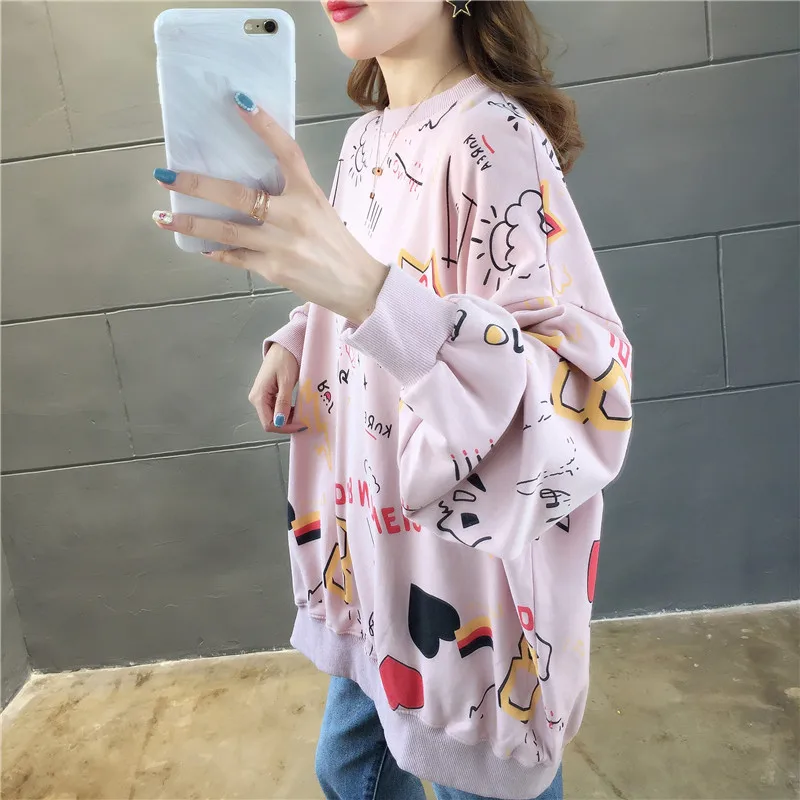 Women Autumn Graffiti Oversized Fashion Girls Loose Fit Long Coat Korean Kawaii Tops Hoodies Sweatshirts Women's Clothes